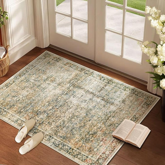 2x3 Area Rugs Entryway Rug: Washable Vintage Throw Rugs Soft Non Slip Small Rugs Low Pile Indoor Floor Door Mat Retro Distressed Rug for Entrance Bedroom Kitchen Laundry Room(Brown, 2'x3')