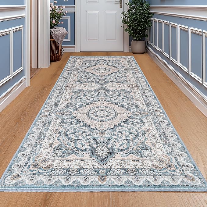 Foxmas Hallway Runner Rug, 2x6 Vintage Kitchen Runner Area Rugs Non Skid Washable, Low Pile Throw Rugs with Rubber Backing Carpet for Laundry Room Entryway Bedroom Home Decor, Blue