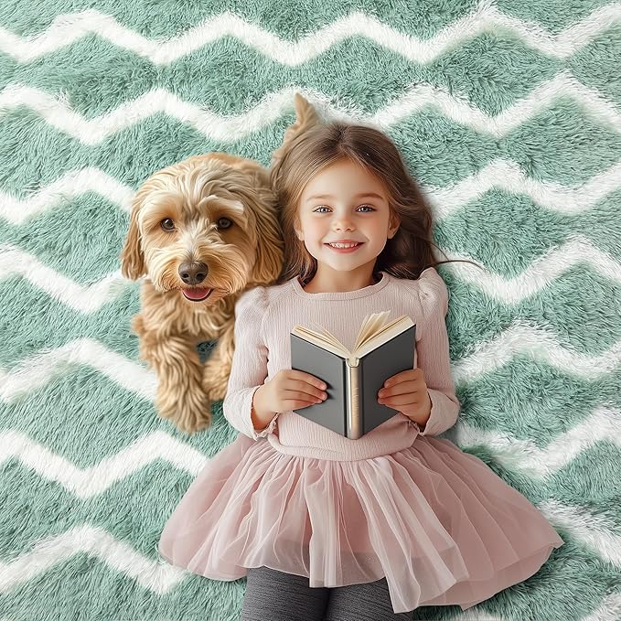 RUGTUDER Soft Shaggy Rugs for Bedroom, Washable 4x6 Fluffy Chevron Rug for Living Room, Non-Slip Plush Floor Striped Rug for Girls Kids Room Teens Dorm Nursery Classroom Playrom, Sage Green and White