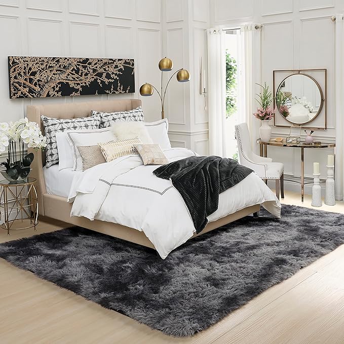 RUGTUDER 5x8 Fluffy Tie-Dyed Dark Grey Rug, Bedside Preppy Dorm Area Rug for Kids Room, Non-Slip Shaggy Design Rugs for Boys Living Room, Baby Nursery, Indoor Modern Plush Home Decor Aesthetic