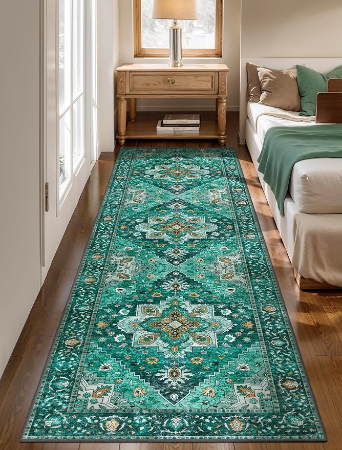 2.6x8 Washable Runner Rug for Hallways, Non Slip Vintage, Soft Low Pile Long Rug Runner, Print Distressed Emerald Carpet Runners for Kitchen Bedroom Entryway Bathroom Living Room