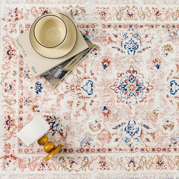 2x3 Washable Area Rug Pink Neutral Carpet for Entryway Floral Distressed Non-Slip Low Pile Soft Lightweight Vacuumable Throw Rug Small Door Mat for Kitchen Entrance Bathroom