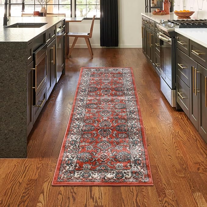 Superior Indoor Runner Rug, with Jute Backing, Chic Bordered Floor Decor for Living Room, Bedroom, Office, Entryway, Kitchen, Dining, Floral Design, Lille Collection, 2' 7" x 8', Salmon