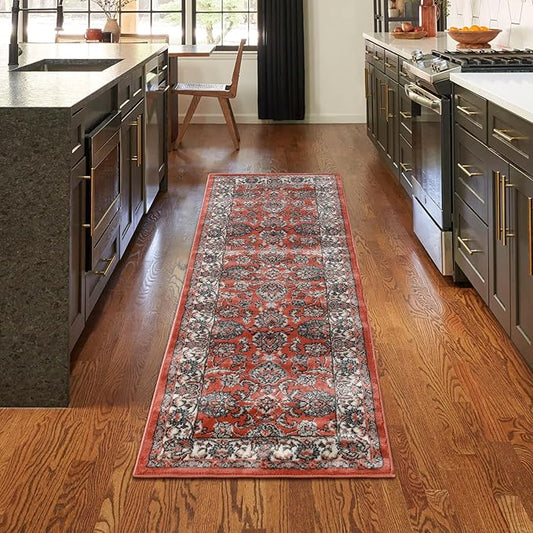 Superior Indoor Runner Rug, with Jute Backing, Chic Bordered Floor Decor for Living Room, Bedroom, Office, Entryway, Kitchen, Dining, Floral Design, Lille Collection, 2' 7" x 8', Salmon
