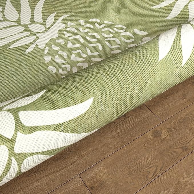 LR Home 5ft Round Indoor/Outdoor Area Rug for Home Decor | Coastal Pineapples Large Size Carpet for Living Room, Bedroom, Playroom, Patio, Garden | Tropical Farmhouse Rug | Dark Green/Beige