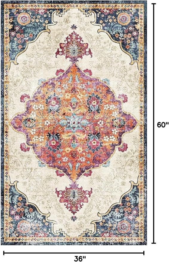 Dripex 3x5 Area Rugs, Machine Washable Non Slip Boho Rugs,Distressed Entryway Rug Doormat,No Pile Lightweight Vintage Rug, Smal Carpet Rug for Front Entrance,Office Bedroom,Multi