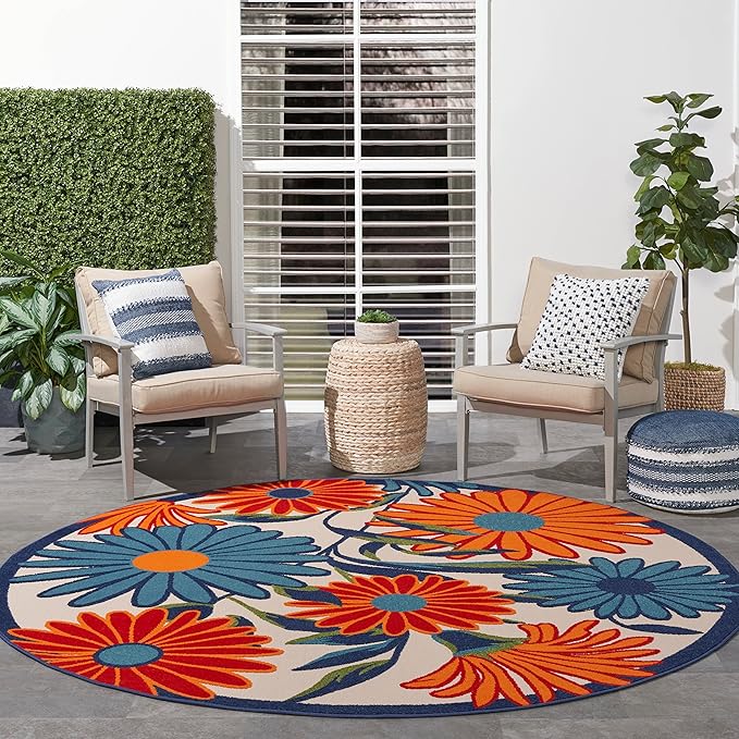 Nourison Aloha Outdoor Multicolor 5'3" x Round Area Rug, Easy Cleaning, Non Shedding, Bed Room, Living Room, Dining Room, Deck, Backyard, Patio (5 Round)