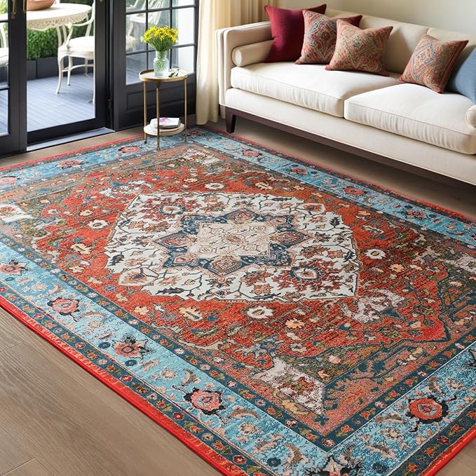 YJ.GWL Area Rug for Living Room, 4x6 Machine Washable Boho Rug for Bedroom, Low Pile Lightweight Thin Rugs Floral Vintage Distress Print Pattern Carpet for Dining Room, Red/Blue