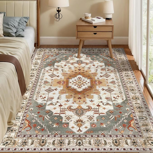 4x6 Area Rug, Vintage Turmeric, Machine Made Geometric, Indoor, Foldable Non Slip Washable Shed Resistant, 0.35 Inch Pile, Rectangular, Bedroom Bathroom Living Room Entryway