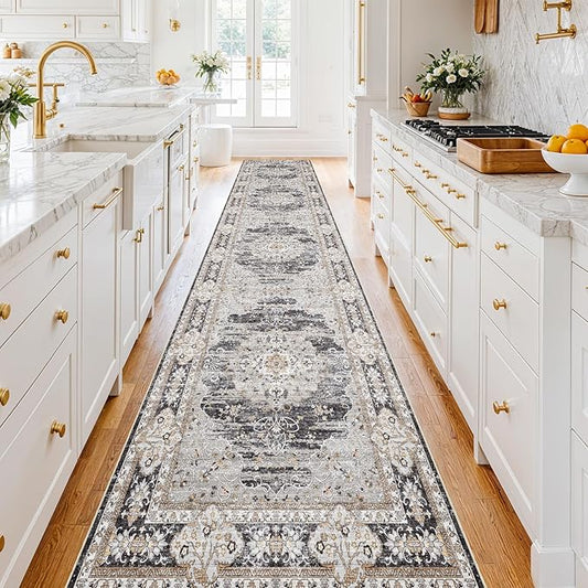 3x16 Runner Rug for Hallway Washable: Non Slip Kitchen Rugs with Rubber Backing Soft Waterproof Mats Stain Resistant Indoor Vintage Carpet Runner for Bedroom Bathroom Laundry Entryway Black/Gray