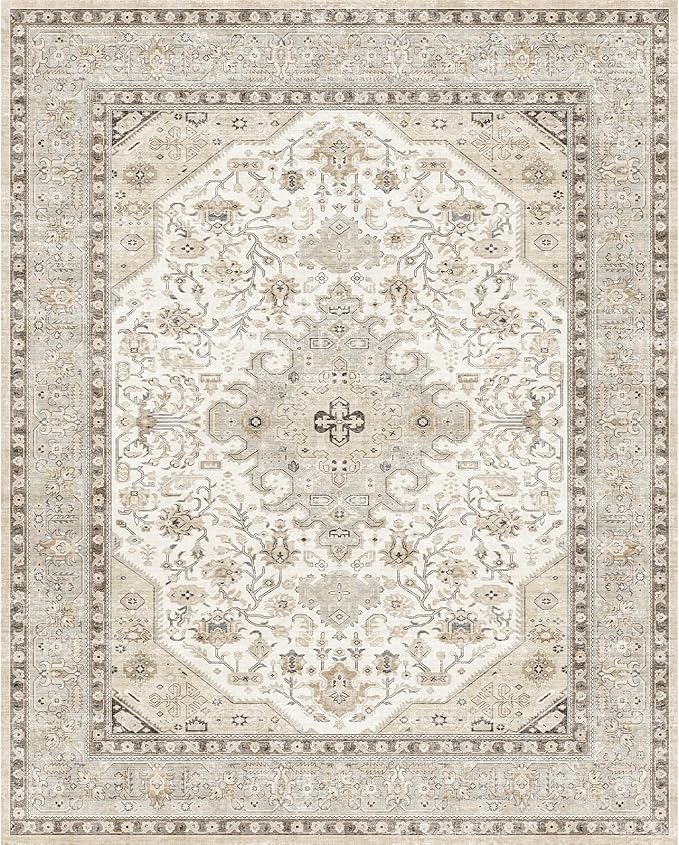 4x5 Rug Entryway Washable: Non-Slip Oriental Area Rug for Bathroom Kitchen- Farmhouse Low Pile Stain Resistant Carpet Long Thin Front Door Mat (4x5 Ivory/Grey/Multi)