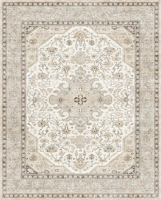 4x5 Rug Entryway Washable: Non-Slip Oriental Area Rug for Bathroom Kitchen- Farmhouse Low Pile Stain Resistant Carpet Long Thin Front Door Mat (4x5 Ivory/Grey/Multi)