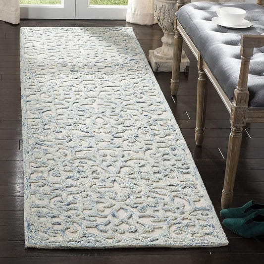 SAFAVIEH Trace Collection Runner Rug - 2'3" x 10', Blue & Ivory, Handmade Wool, Ideal for High Traffic Areas in Living Room, Bedroom (TRC103B)