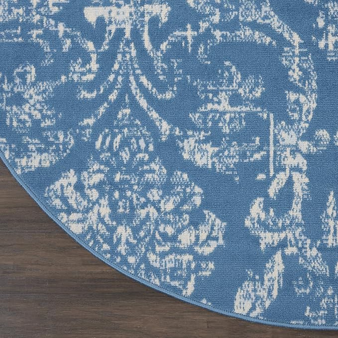 Nourison Jubilant Damask Blue 5'3" x Round Area -Rug, Easy -Cleaning, Non Shedding, Bed Room, Living Room, Dining Room, Kitchen (5 Round)