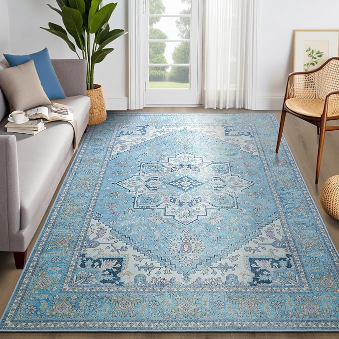 YJ.GWL Area Rug for Living Room, 4x6 Machine Washable Boho Rug for Bedroom, Low Pile Lightweight Thin Rugs Floral Vintage Distress Print Pattern Carpet for Dining Room, Light Blue