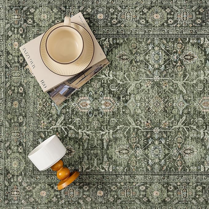 Vintage Area Rug 4x6 Green Entryway Office Washable Carpet Non Slip Bedroom Indoor Living Room Door Mat Low Pile Traditional Distressed Retro Accent Rug for Dining Room Bathroom Kitchen