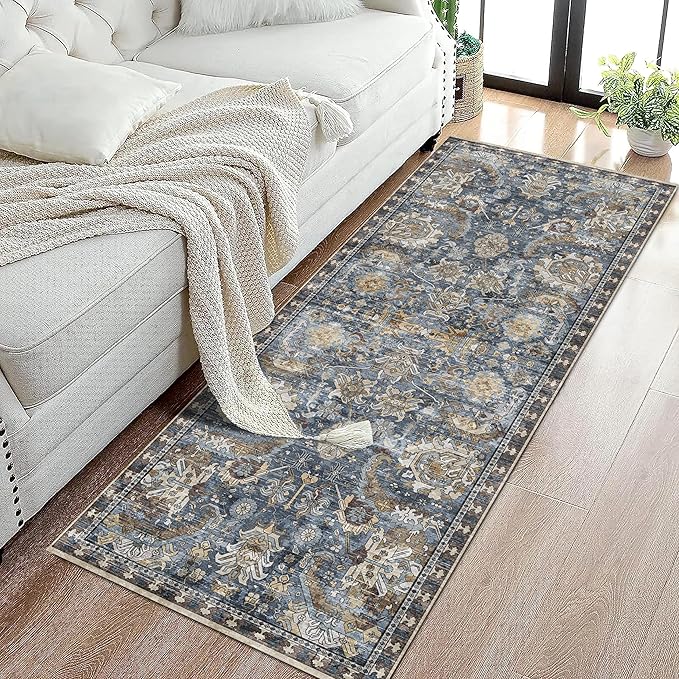 Washable Area Rugs - Perfect for Living Room, Bedroom, Kids Room, Nursery - Stain & Water Resistant Non-Slip, Pet & Child Friendly, Vintage Tribal Area Rugs (Navy, 2'6'' x 8')
