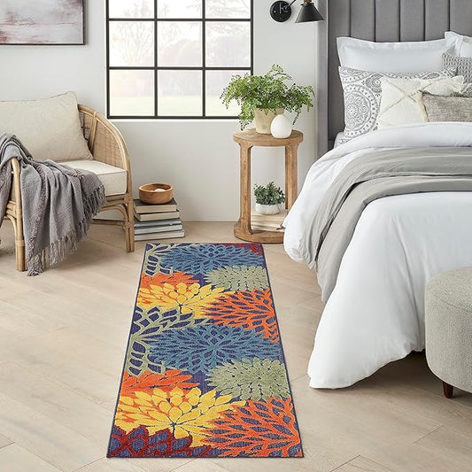 Nourison Aloha Indoor/Outdoor Modern Navy Multicolor 2' x 6' Area Rug, Easy Cleaning, Non Shedding, Bed Room, Living Room, Dining Room, Backyard, Deck, Patio (2x6)