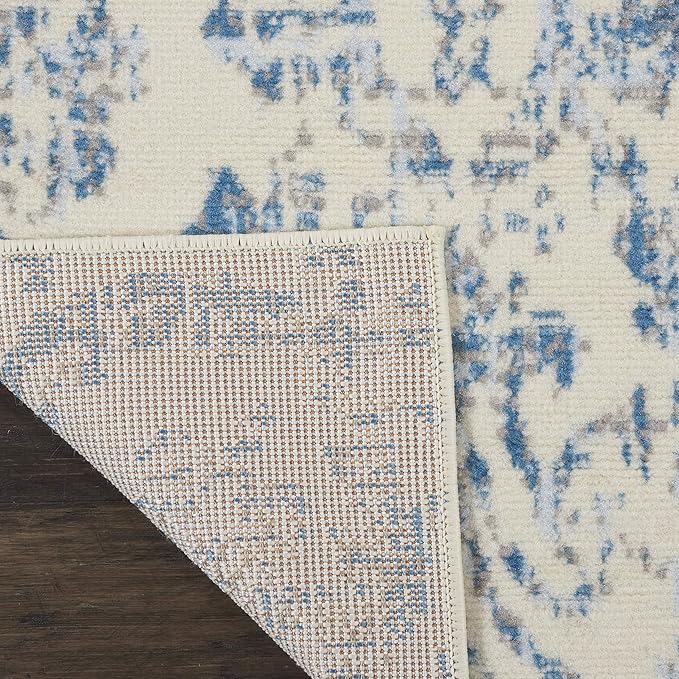 Nourison Jubilant Damask Ivory/Blue 2'3'' x 7'3'' Area-Rug, Easy-Cleaning, Non Shedding, Bed Room, Living Room, Dining Room, Kitchen (2x7)