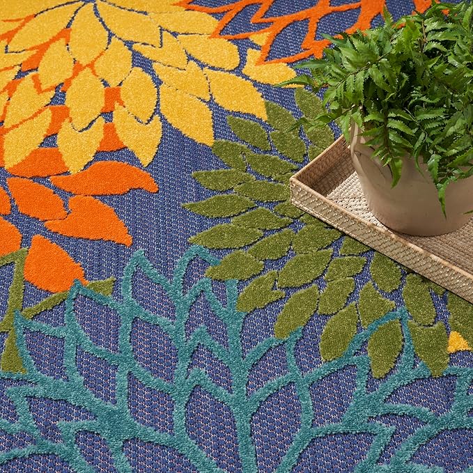 Nourison Aloha Indoor/Outdoor Modern Navy Multicolor 7'10" x 10'6" Area Rug, Easy Cleaning, Non Shedding, Bed Room, Living Room, Dining Room, Backyard, Deck, Patio (8x11)