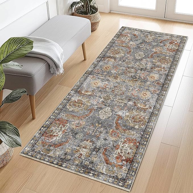 Washable Area Rugs - Perfect for Living Room, Bedroom, Kids Room, Nursery - Stain & Water Resistant Non-Slip, Pet & Child Friendly, Vintage Tribal Area Rugs (Turmeric and Grey, 2'6'' x 8')