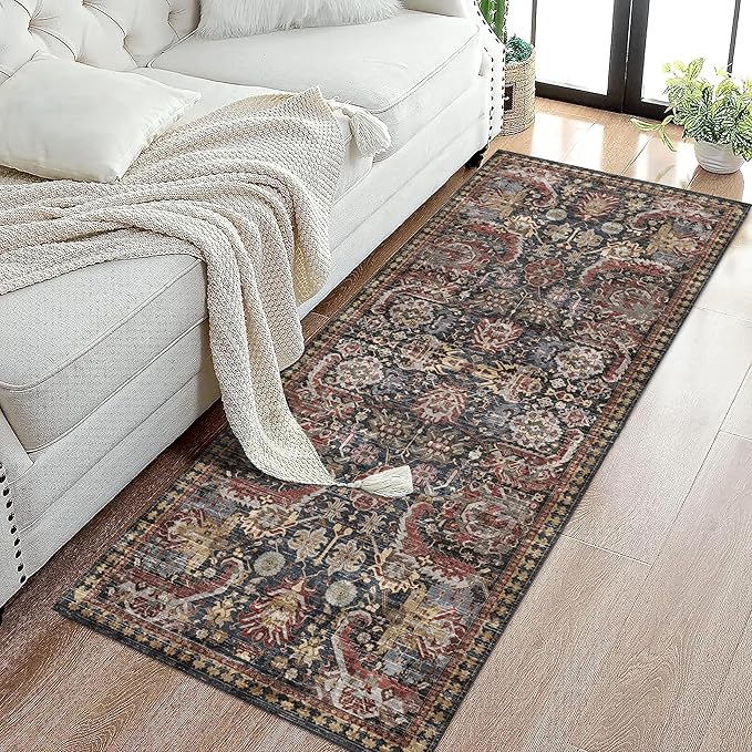 Washable Area Rugs - Perfect for Living Room, Bedroom, Kids Room, Nursery - Stain & Water Resistant Non-Slip, Pet & Child Friendly, Vintage Tribal Area Rugs (Rust, 2'6'' x 8')