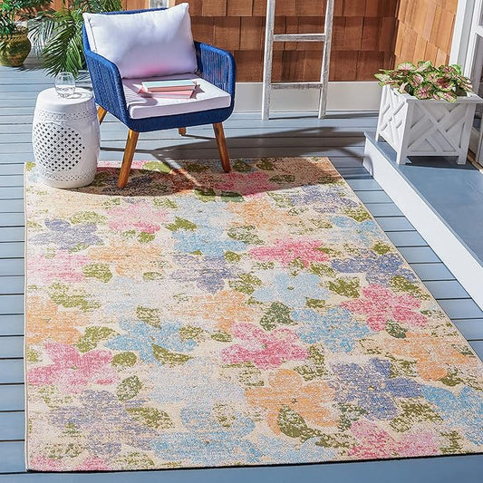 SAFAVIEH Summer Collection 5'3" x 7'6" Blue/Pink SMR410M Boho Indoor/-Outdoor Non-Shedding Easy-Cleaning Patio Backyard Porch Deck Mudroom Area-Rug