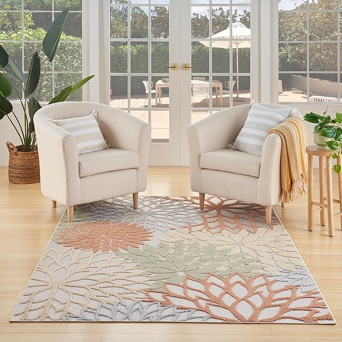 Nourison Aloha Indoor/Outdoor Ivory Multicolor 6' x 9' Area Rug, Easy Cleaning, Non Shedding, Bed Room, Living Room, Dining Room, Backyard, Deck, Patio (6x9)