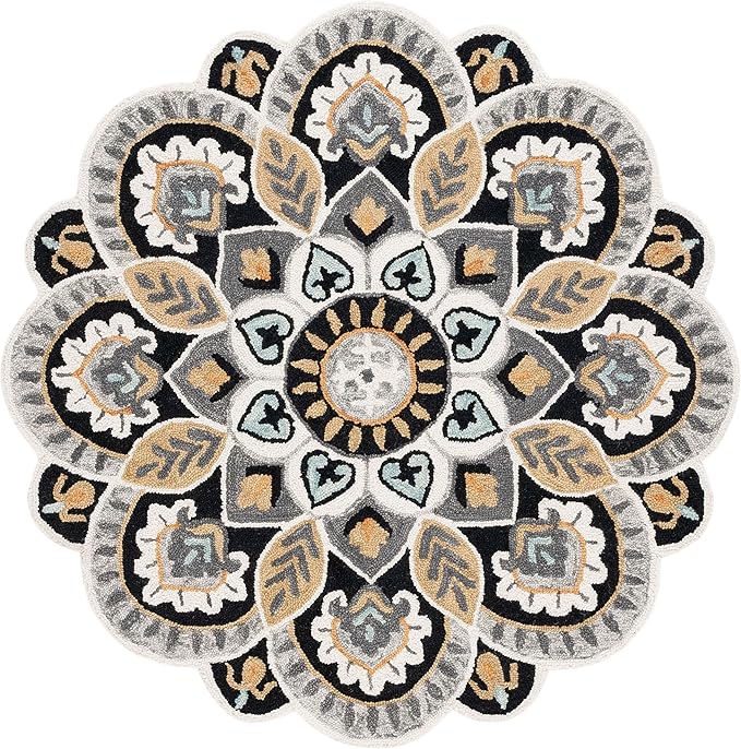SAFAVIEH Novelty Collection Area Rug - 10' Round, Ivory & Black, Handmade Boho Floral Rustic Country Wool, Ideal for The Living Room, Dining Room, Bedroom (NOV604Z-10R)