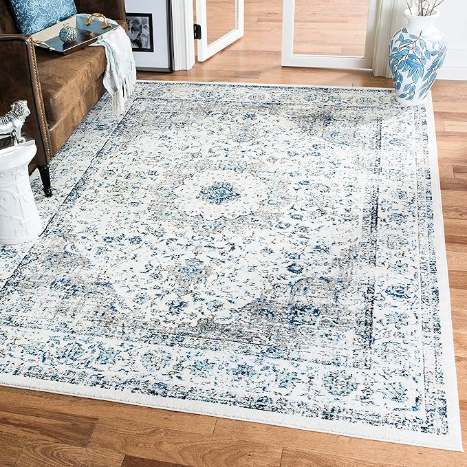 SAFAVIEH Evoke Collection Area Rug - 6'7" x 9', Ivory & Grey, Shabby Chic Oriental Medallion Design, Non-Shedding & Easy Care, Ideal for High Traffic Areas in Living Room, Bedroom (EVK220D)