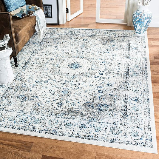 SAFAVIEH Evoke Collection Area Rug - 6'7" Square, Ivory & Grey, Shabby Chic Oriental Medallion Design, Non-Shedding & Easy Care, Ideal for High Traffic Areas in Living Room, Bedroom (EVK220D)