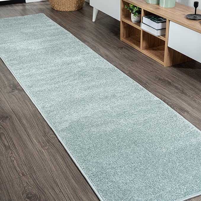 JONATHAN Y SEU100S-28 Haze Solid Low-Pile Indoor Runner-Rug, Coastal, Bohemian, Minimalist Easy-Cleaning,Bedroom,Kitchen,Living Room,Non Shedding, Light Blue, 2 X 8