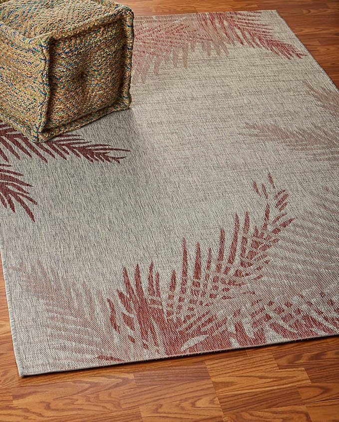 LR Home 5 x 7 Indoor/Outdoor Area Rug for Home Decor | Coastal Palm Leaf Carpet for Living Room, Bedroom, playroom, Patio, Garden | Modern Farmhouse Rug | Red/Beige