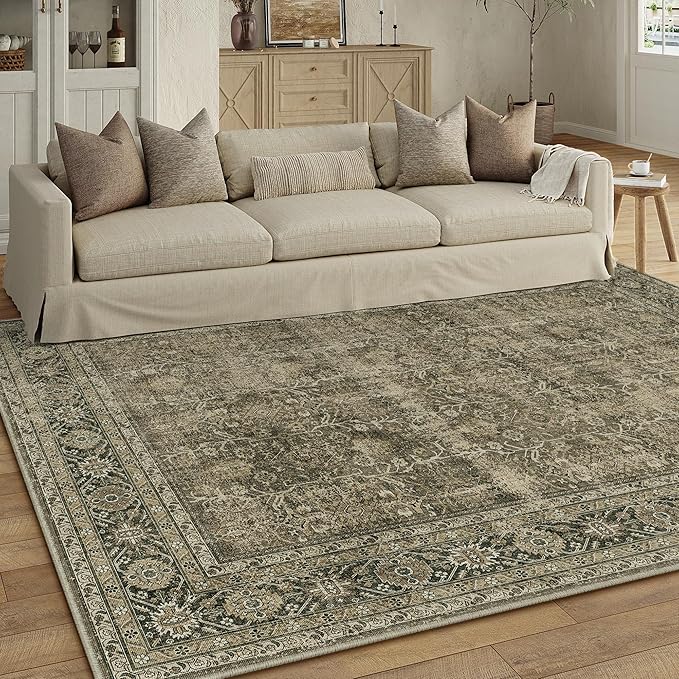 Vintage Area Rug 4x6 Light Brown Bedroom Indoor Kitchen Washable Living Room Carpet Tribal Distressed Retro Accent Throw Rug for Office Dining Room Bathroom Faux Wool