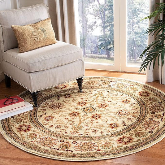 SAFAVIEH Lyndhurst Collection 8' Round Ivory / Ivory LNH212L Traditional Oriental Non-Shedding Dining Room Entryway Foyer Living Room Bedroom Area Rug