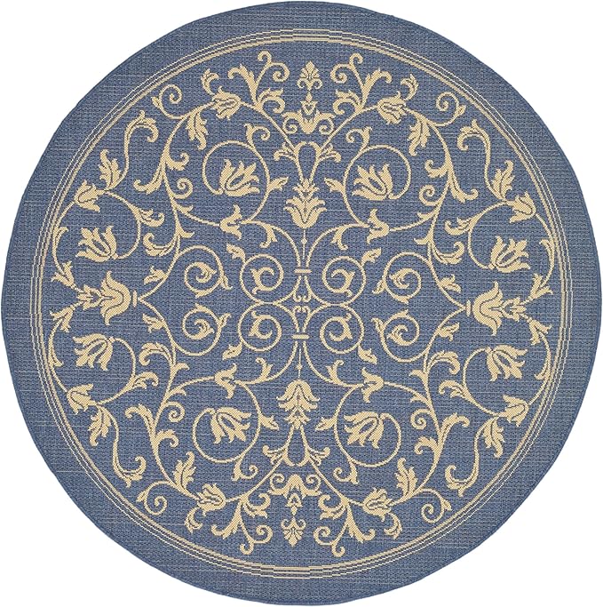 SAFAVIEH Courtyard Collection 6'7" Round Blue / Natural CY2098 Scroll Indoor/ Outdoor Waterproof Easy Cleaning Patio Backyard Mudroom Area Rug