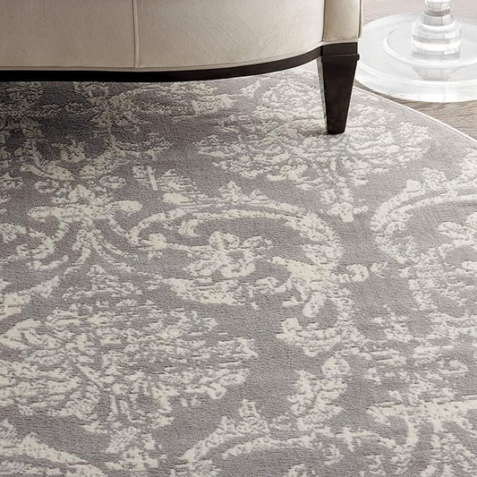 Nourison Jubilant Damask Grey 8' x Round Area -Rug, Easy -Cleaning, Non Shedding, Bed Room, Living Room, Dining Room, Kitchen (8 Round)