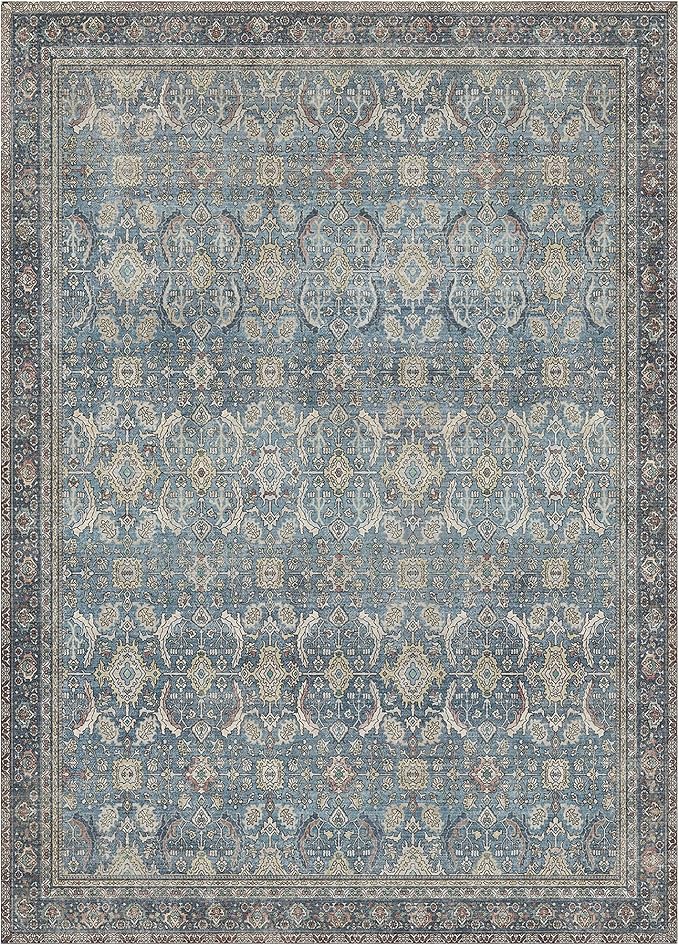 8X10 Area Rugs Machine Washable Rugs for Living Room, Vintage Boho Large Rugs for Bedroom Dining Room, Non Slip Indoor Soft Distressed Lightweight Thin Low Pile Carpet, Vintage Blue