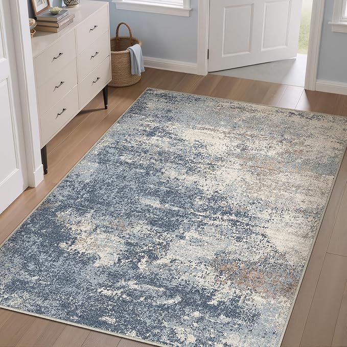 4x6 Washable Rug Dark Blue Entryway Rugs Hallway Area Rug Indoor Abstract Non Slip Low Pile Carpet Distressed Throw Rugs for Bedroom Living Office Dining Kitchen