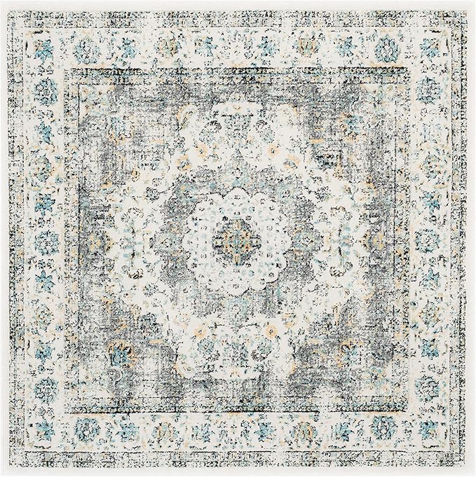 SAFAVIEH Evoke Collection Area Rug - 6'7" Square, Grey & Gold, Shabby Chic Oriental Medallion Design, Non-Shedding & Easy Care, Ideal for High Traffic Areas in Living Room, Bedroom (EVK220B)