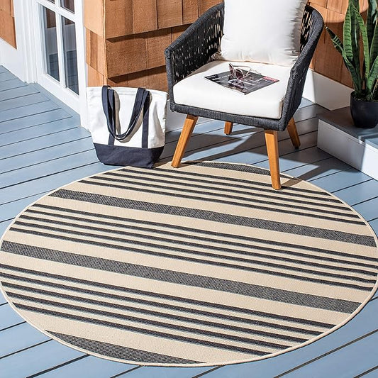 SAFAVIEH Courtyard Collection 7'10" Round Black/Bone CY6062 Stripe Indoor/ Outside Waterproof Easy cleansingPatio Backyard Mudroom Area Mat