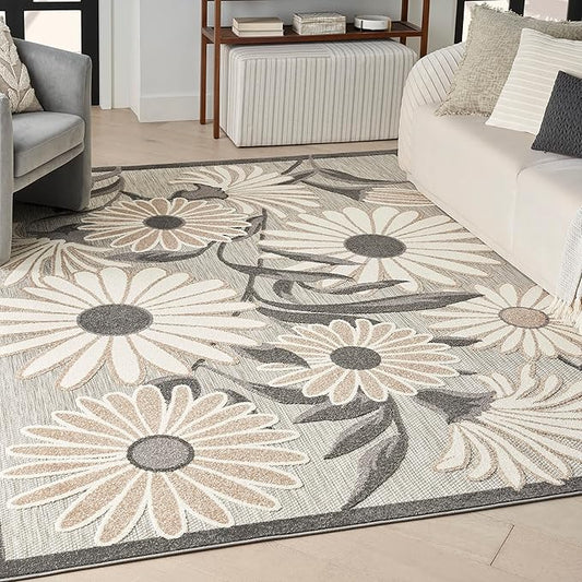 Nourison Aloha Indoor-Outdoor Beige 5'3" x 7'5" Area Rug, Easy Cleaning, Non Shedding, Bed Room, Living Room, Dining Room, Kitchen (5x7)