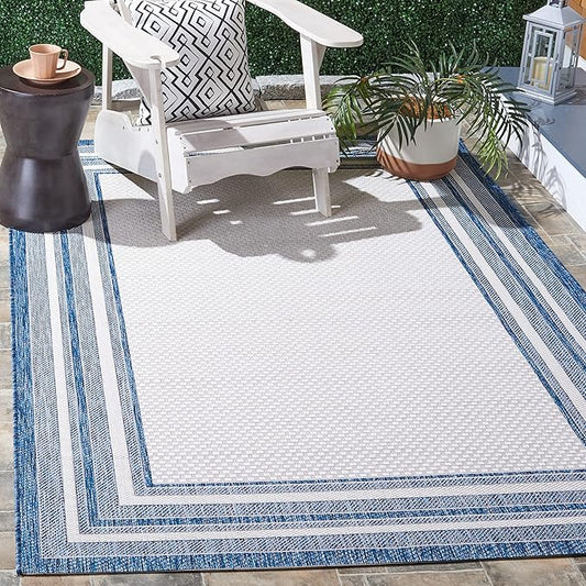 SAFAVIEH Courtyard Collection Area Rug - 10' x 14', Ivory & Navy, Non-Shedding & Easy Care, Indoor/Outdoor & Washable-Ideal for Patio, Backyard, Mudroom (CY8475-53412)