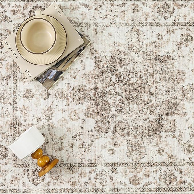 10x12 Neutral Area Rug Brown Floral Living Room Bedroom Large Carpet Non-Slip Low Pile Vintage Soft Thin Washable Throw Rug for Dining Room Office Kitchen Indoor Nursery