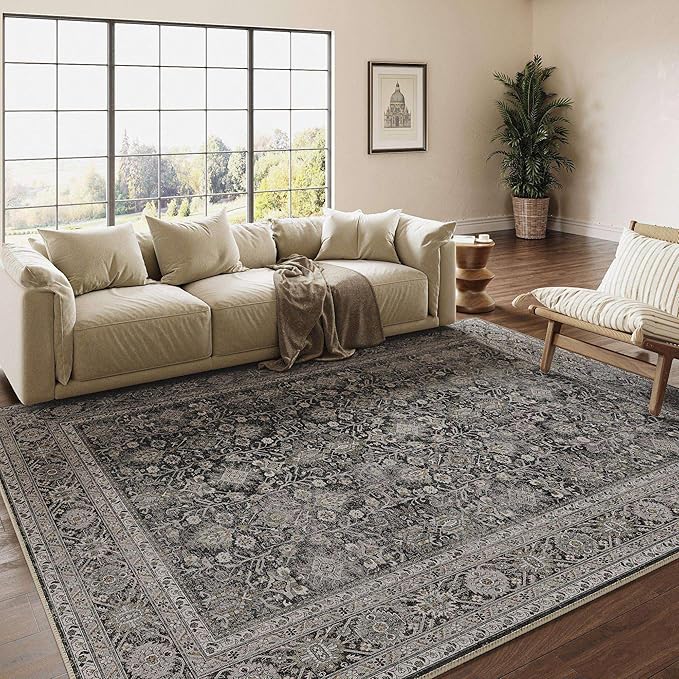 Vintage Area Rug 3x5 Black Entryway Office Washable Carpet Non Slip Bedroom Indoor Living Room Door Mat Low Pile Traditional Distressed Retro Accent Rug for Dining Room Bathroom Kitchen