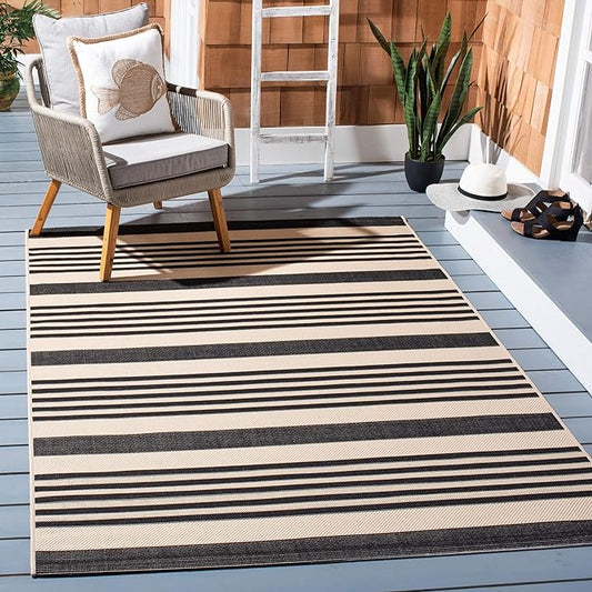 SAFAVIEH Courtyard Collection Area Rug - 8' x 11', Black & Bone, Stripe Design, Non-Shedding & Easy Care, Indoor/Outdoor & Washable-Ideal for Patio, Backyard, Mudroom (CY6062-216)