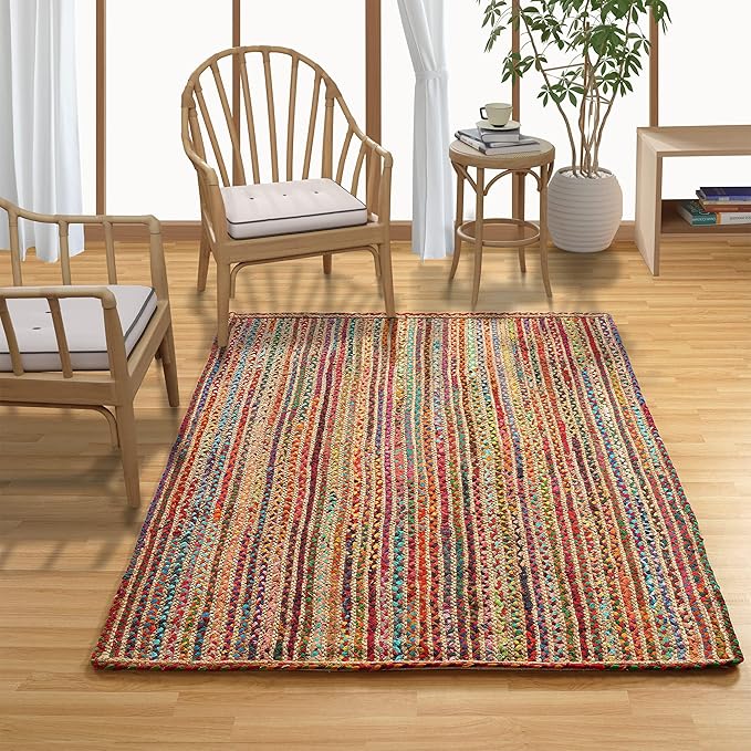 GRUHUM 8x10ft Jute Area Rug Natural Fibre Handmade Boho Farmhouse Soft Braided Chindi Rustic Vintage Rug for Indoor Kitchen Bedroom Living Room Hallways Enterways 8x10 feet Multicolor