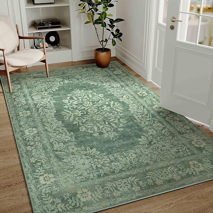 3x5 Area Rug Green Washable Office Vintage Distressed Carpet Bedroom Indoor Medallion Floral Living Room Non Slip Retro Throw Floor Mat for Dining Room Kitchen Bathroom
