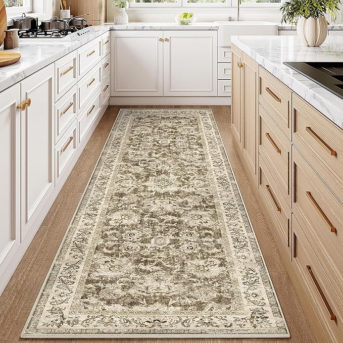 2x6 Washable Runner Rug Brown Neutral Carpet for Kitchen Hallway Floral Distressed Non-Slip Low Pile Soft Lightweight Vacuumable Throw Rug for Bathroom Bedroom Office Laundry