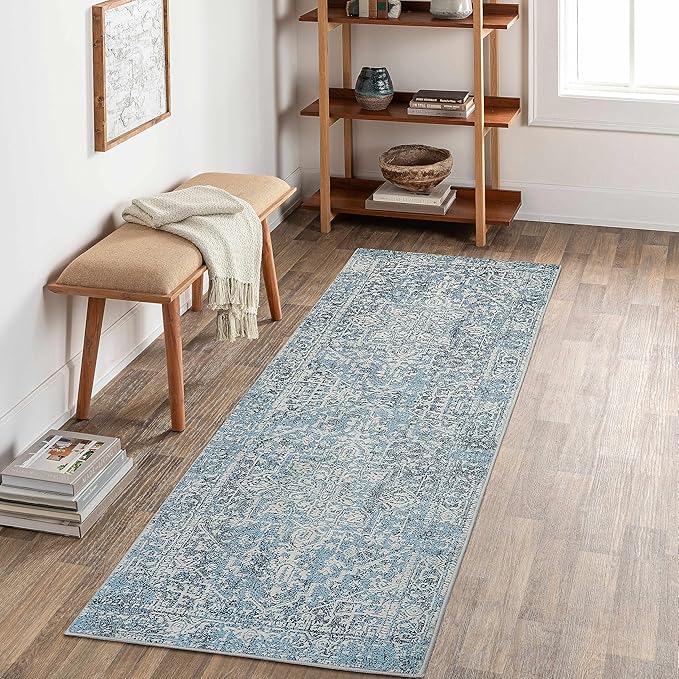 Morebes Vintage Runner Rugs for Hallway 2x6, Blue Washable Kitchen Runner Rug Non-Slip, Distressed Soft Low Pile Non-Shedding Indoor Floor Carpet for Entryway Bathroom Bedroom